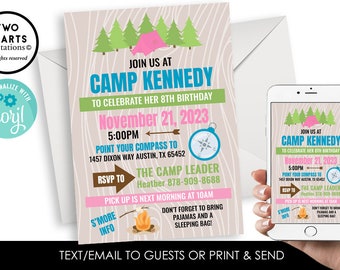 Editable Camp Invitation Birthday Party Invite Girls Camping Campout Backyard 5X7 Digital Personalized Corjl Pink