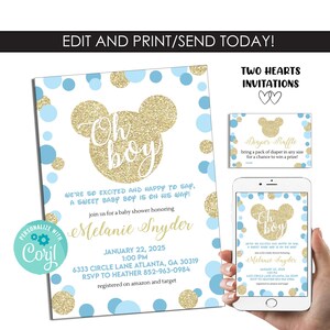 Editable Mickey Baby Shower Boy Invitation Invite Mouse Inspired 5x7 Blue Gold Sprinkle Digital Template