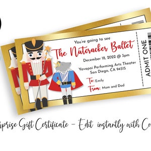 Editable Nutcracker Ballet Surprise Gift Ticket Template for Any Occasion Printable Voucher Certificate Corjl