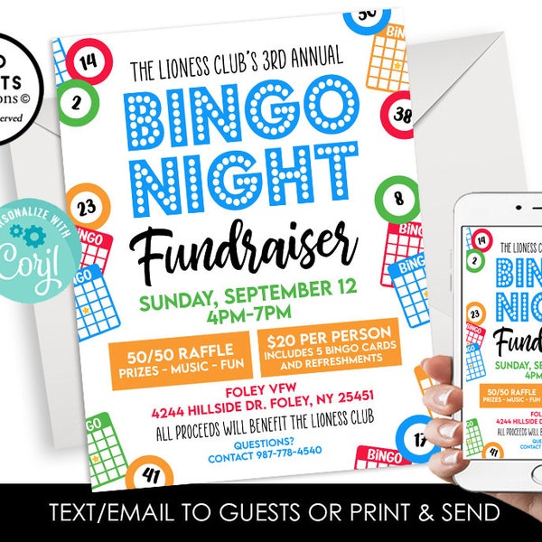 Editable Bingo Night Fundraiser Flyer Invite Invitation Instant Download Digital 8.5x11 Template Work Church Event Game Night