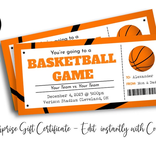 Editable Basketball Game Surprise Gift Ticket to Basket Ball Template for Any Occasion Printable Orange Voucher Present Idea