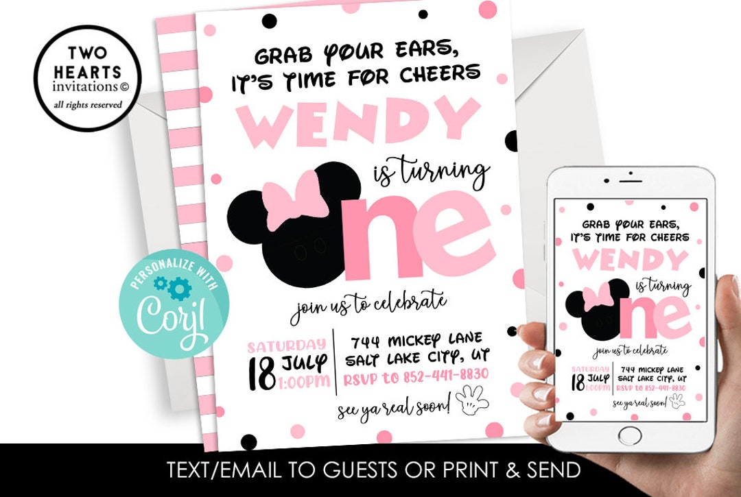 Editable Minnie Mouse 1st Birthday Invite Invitation Pink Girls Party ...