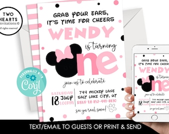 Editable Minnie Mouse 1st Birthday Invite Invitation Pink Girls Party Template Instant Download Digital 5x7