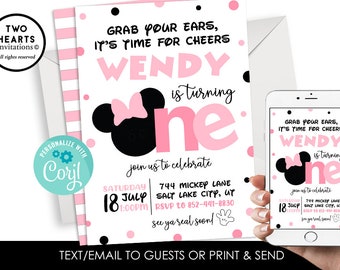 Editable Minnie Mouse 1st Birthday Invite Invitation Pink Girls Party Template Instant Download Digital 5x7