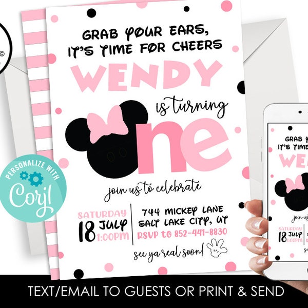 Editable Minnie Mouse 1st Birthday Invite Invitation Pink Girls Party Template Instant Download Digital 5x7