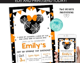 Editable Minnie Halloween First Birthday Invitation Invite 1st Girls Digital 5x7 Bundle Spiderwebs Orange Black