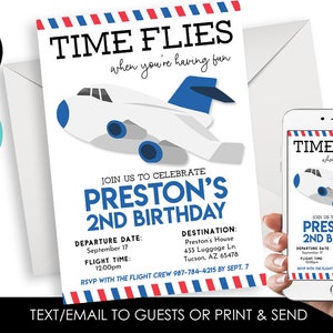 Editable Airplane Birthday Invitation Invite Digital 5x7 Time Flies Instant Download Kids Flight