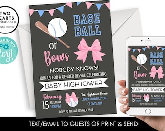 Editable Baseball or Bows Gender Reveal Invitation Invite Digital 5x7 He She Girl Boy Pink Blue Party Chalkboard