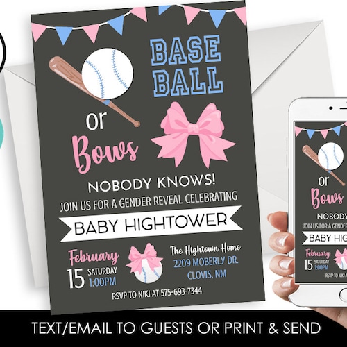 Baseball or Bows Gender Reveal Invitation Digital Printable Etsy