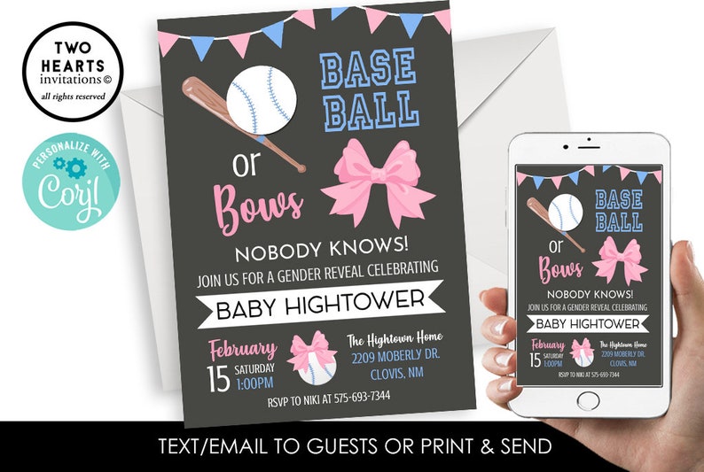 Editable Baseball or Bows Gender Reveal Invitation Invite Etsy