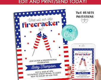 Editable Firecracker Gender Reveal Invitation 4th of July Invite Party USA Firework Digital 5x7 Fourth Patriotic Americana