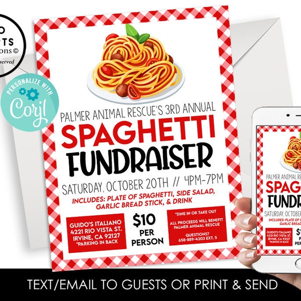 Editable Spaghetti Fundraiser Flyer 8.5x11 Digital Invite Instant Download Template Pasta Italian Charity Church School Organization