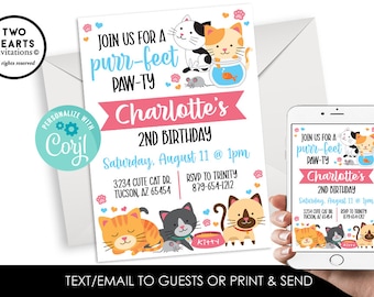 Editable Cat Invitation Birthday Invite Kitten Pets Party Animals 5x7 Digital Girls Instant Download Template