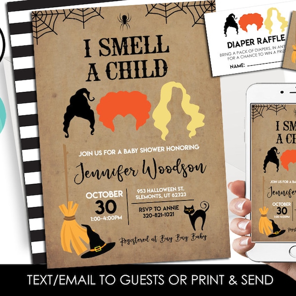 Editable Hocus Pocus Baby Shower Invitation Bundle Invite Set Digital 5x7 Paper Halloween Spooky Sanderson Sisters