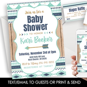 May include: A baby shower invitation with a turquoise, white, and navy blue geometric pattern. The invitation says "Join us for a Baby Shower to honor Kari Becker" and includes the date, time, address, and RSVP information. The invitation also includes a diaper raffle and a request for books instead of cards.