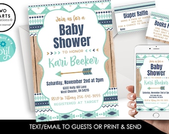 Editable Aztec Boy Baby Shower Invitation Invite Tribal Indian Arrows Personalized Blue Digital 5x7 Sprinkle Corjl