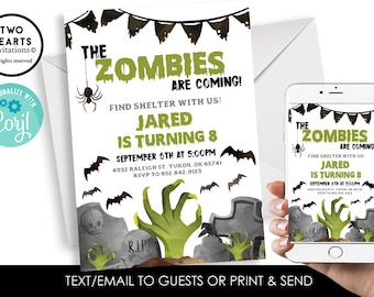 May include: A printable invitation for a zombie-themed birthday party. The invitation features a green zombie hand reaching out from a graveyard with tombstones and bats. The text reads "The Zombies Are Coming!" and "Jared is turning 8".
