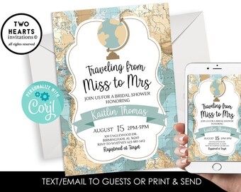 Travel Bridal Shower Invitation Invite Adventure Editable Digital 5x7 Miss to Mrs Journey Begin Map Globe Instant Download