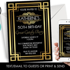Editable Great Gatsby Invitation Invite Digital Birthday Roaring 20&#39;s Party 5x7 Gold Black Adult ANY AGE