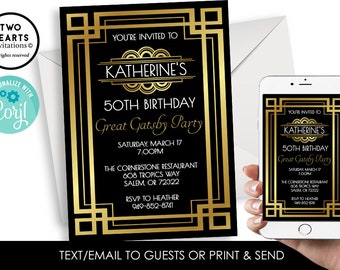Editable Great Gatsby Invitation Invite Digital Birthday Roaring 20's Party 5x7 Gold Black Adult ANY AGE