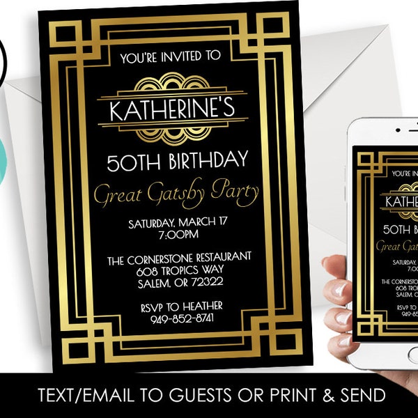 Editable Great Gatsby Invitation Invite Digital Birthday Roaring 20's Party 5x7 Gold Black Adult ANY AGE