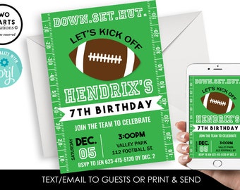 Invitation d’anniversaire de football modifiable Inviter Numérique 5x7 Enfants Garçons Sports Green Field Touchdown