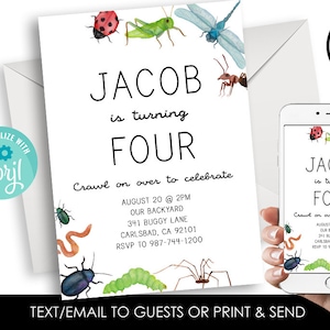 Editable Bug Birthday Invitation Watercolor Invite Kids ANY AGE 5x7 Digital Insects Party Bugs