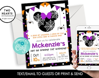 Editable Minnie Halloween First Birthday Invitation Invite 1st Girls Digital 5x7 Bundle Spiderwebs Orange Black Purple ANY AGE