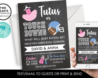 Editable Tutus or Touchdowns Invite Gender Reveal Invitation Pink Blue Digital Chalkboard Party Baby Shower Football Ballet 5x7 Boy or Girl