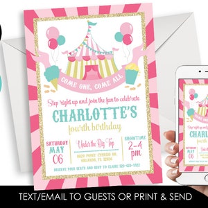 Editable Circus Birthday Invitation Invite Girls Digital ANY AGE Pink Gold Glitter 5x7 Carnival Party