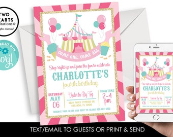 Editable Circus Birthday Invitation Invite Girls Digital ANY AGE Pink Gold Glitter 5x7 Carnival Party