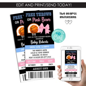 Editable Free Throws Pink Bows Invitation Gender Reveal Ticket Digital 3x7 Template Blue Pink Invite Basketball
