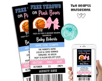 Editable Free Throws Pink Bows Invitation Gender Reveal Ticket Digital 3x7 Template Blue Pink Invite Basketball