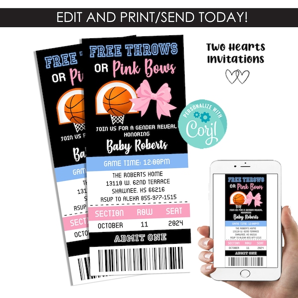 Editable Free Throws Pink Bows Invitation Gender Reveal Ticket Digital 3x7 Template Blue Pink Invite Basketball