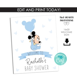 Könnte beinhalten: Ein blaues und weißes Willkommens-Schild mit einem Cartoon-Bild von Mickey Mouse, der einen blauen Ballon hält. Das Schild lautet "Willkommen zur Babyparty von Rachelle".