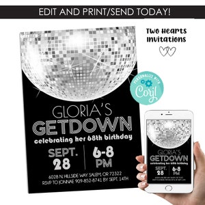 Editable Disco Birthday Invite Retro Silver Groove Boogie 70's Party 5x7 Digital Instant Download Template
