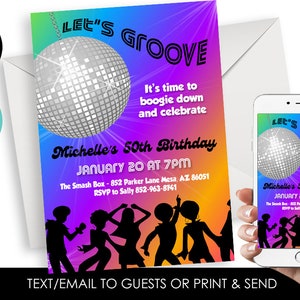 Editable Disco Invitation 70&#39;s Invite Birthday Boogie Groove Adult ANY AGE Digital 5x7 Disco Ball Seventies