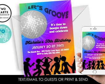 May include: A colorful invitation with a disco ball and silhouettes of people dancing. The text reads "Let's Groove" and "It's time to boogie down and celebrate Michelle's 50th Birthday". The date and time of the party are January 20 at 7pm. The location is The Smash Box, 852 Parker Lane Mesa, AZ 86051. RSVP to Sally 852-963-8741.