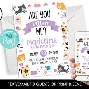 Editable Cat Birthday Invite Invitation Digital 5x7 Purple Girls Kitten Cats Instant Download Are you Kitten Me Party Text