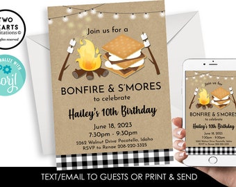 Editable Smores Bonfire Birthday Invite Invitation Digital 5x7 ANY AGE Party Paper Kids Adult S'mores Backyard Text or Print