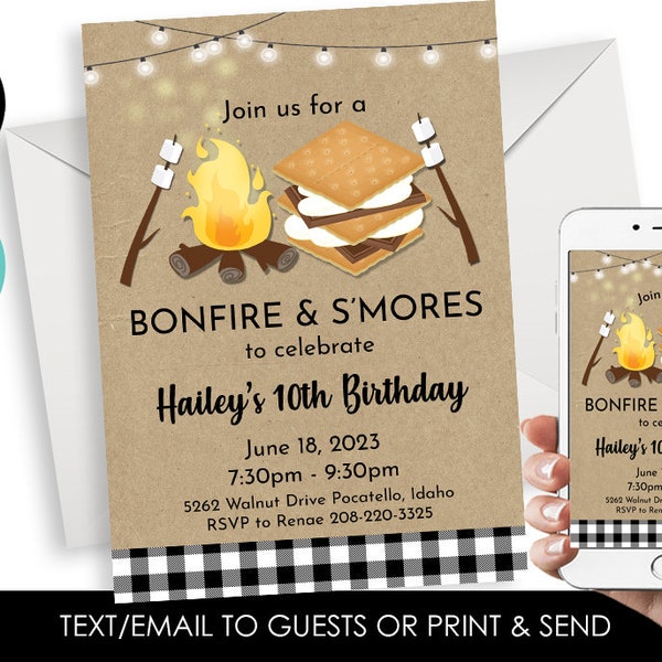 Editable Smores Bonfire Birthday Invite Invitation Digital 5x7 ANY AGE Party Paper Kids Adult S'mores Backyard Text or Print
