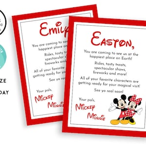 Carta de revelación de regalo sorpresa para parques temáticos Anuncio de vacaciones Viaje a Disneyworld Disneyland EDITABLE 8.5x11