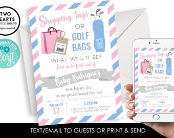 Editable Shopping Tags or Golf Bags Gender Reveal Invite Invitation Digital 5x7 Party Golfing Baby Blue Pink He She