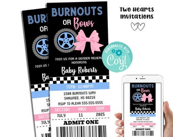 Editable Burnouts or Bows Gender Reveal Ticket Digital 7x3 Instant Download Template Invitation Invite