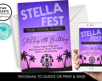 Editable Festival de Musique Anniversaire Invitation Digital 5x7 TOUT ÂGE Coucher de Soleil Palmiers Concert Fest Party