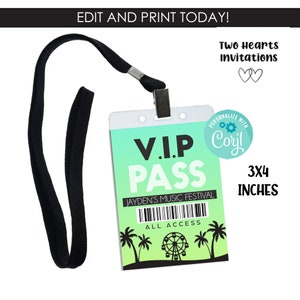 Muziek Festival VIP Pass Tags Digitale bewerkbare 3x4 Instant Download Verjaardag Party Decor Favor Tags Badge