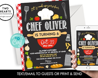 Editable Cooking Birthday Invite Invitation Digital 5x7 Chalkboard Party Kids Instant Download Template Chef Cook Class