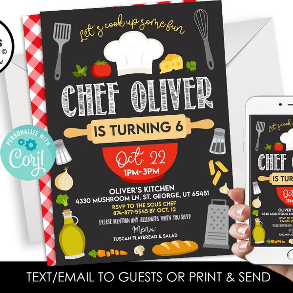 Editable Cooking Birthday Invite Invitation Digital 5x7 Chalkboard Party Kids Instant Download Template Chef Cook Class