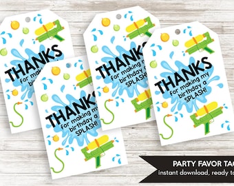 Water Gun Birthday favor tags 2x3 digital instant download Splash Thank you tags Kids