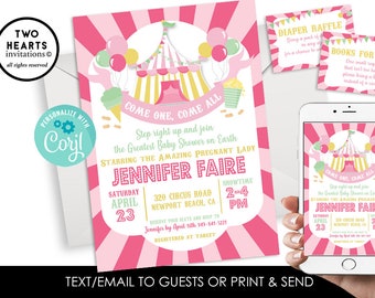 Editable Circus Baby Shower Sprinkle Invitation Invite Girls Carnival Digital 5x7 Personalized Pink Gold Instant Download Template